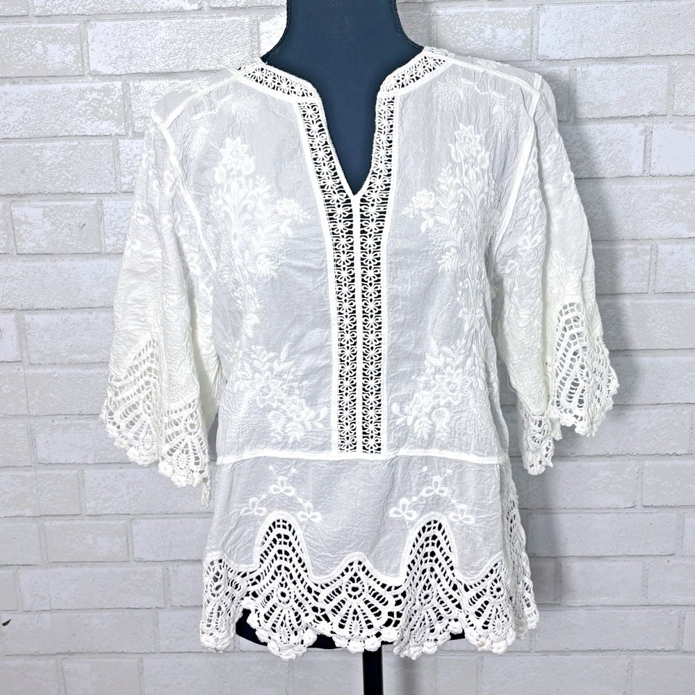 White Eyelet Lace Crochet Top Small Boho Cottage Romantic Coastal Resort Beach - Picture 2 of 11
